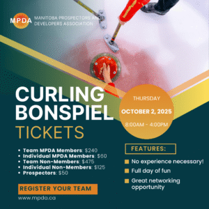 A person readies a curling stone with a broom on the ice; curling bonspiel ticket and event details overlay the image.