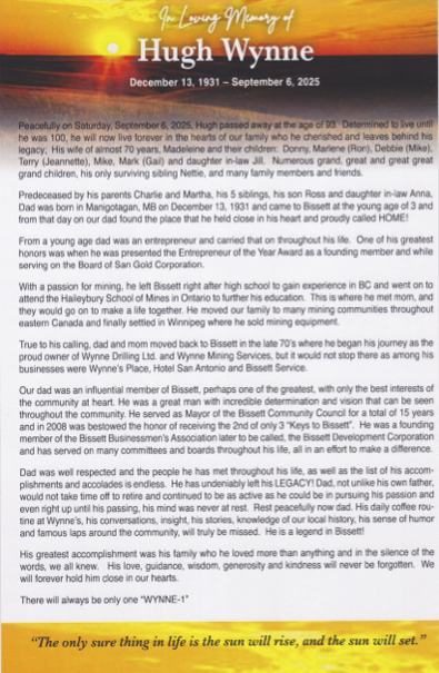A printed memorial for Hugh Wynne, with his photo at the top and text summarizing his life, family, achievements, and a quote at the bottom.
