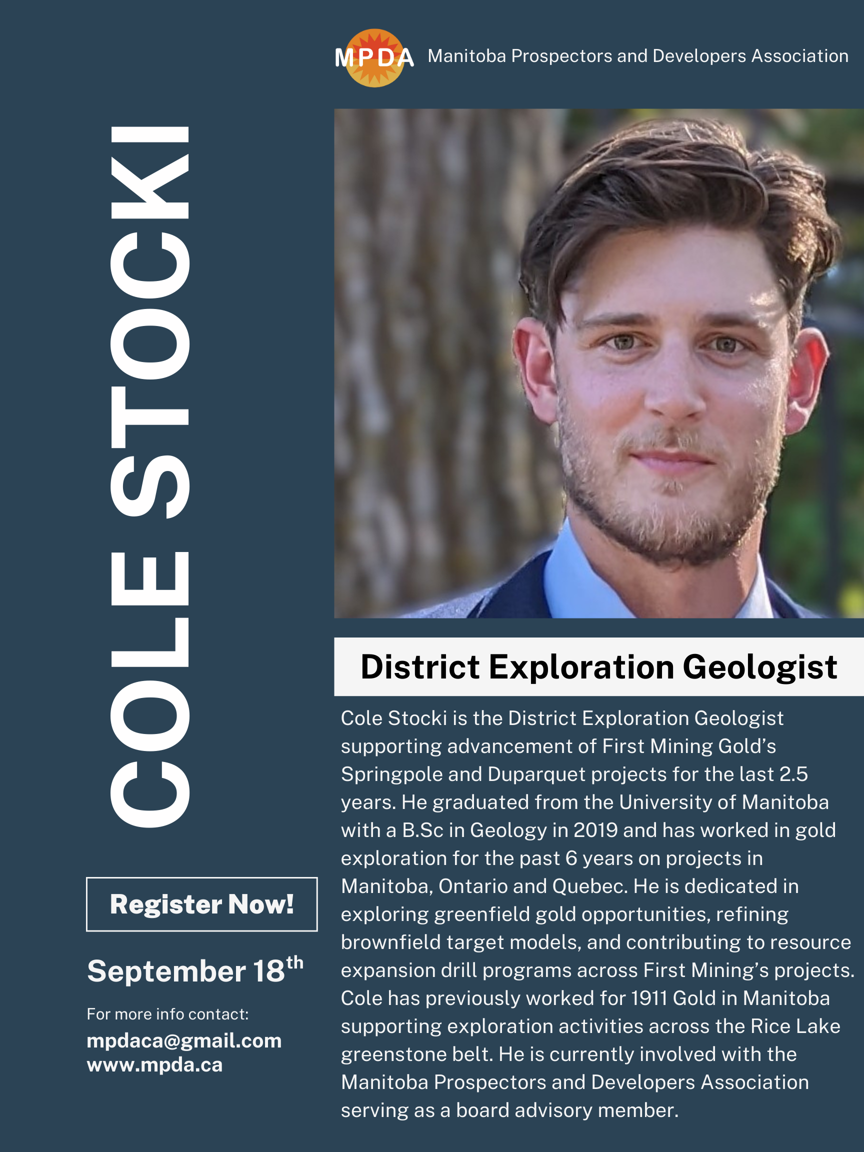 A professional poster featuring Cole Stocki, District Exploration Geologist, with biographical details and event registration information for the Manitoba Prospectors and Developers Association.