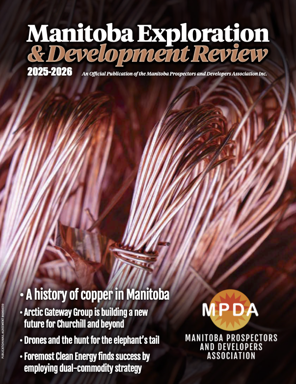 Cover of "Manitoba Exploration & Development Review 2025-2026" featuring close-up of copper wires. Headlines highlight key mining topics.