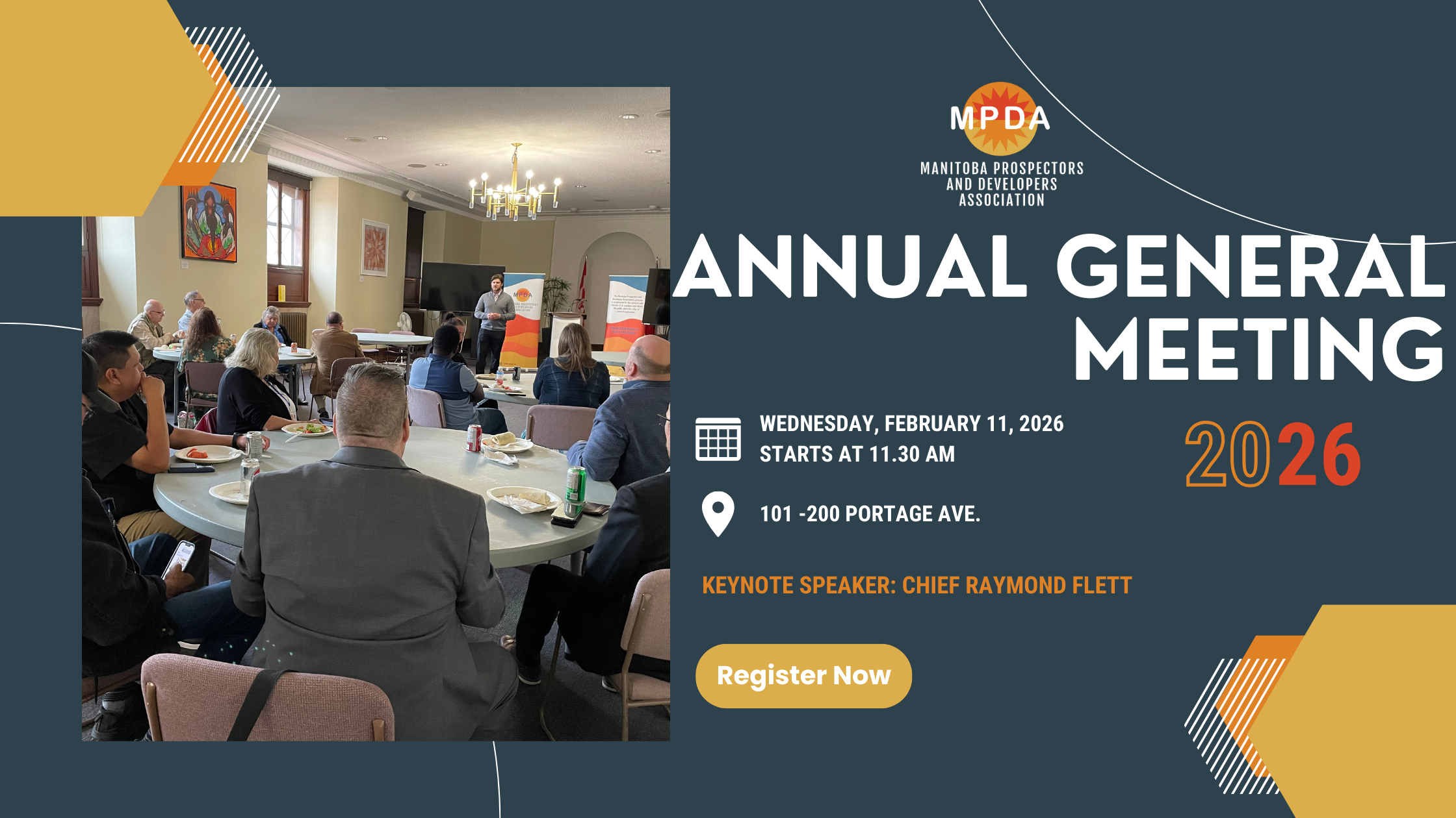 Annual General Meeting poster for the Manitoba Prospectors and Developers Association. People sit at tables in a hall. Event details are listed, including a keynote by Chief Raymond Flett on February 11, 2026, at 11:30 AM, 101-200 Portage Ave. A 'Register Now' button is visible