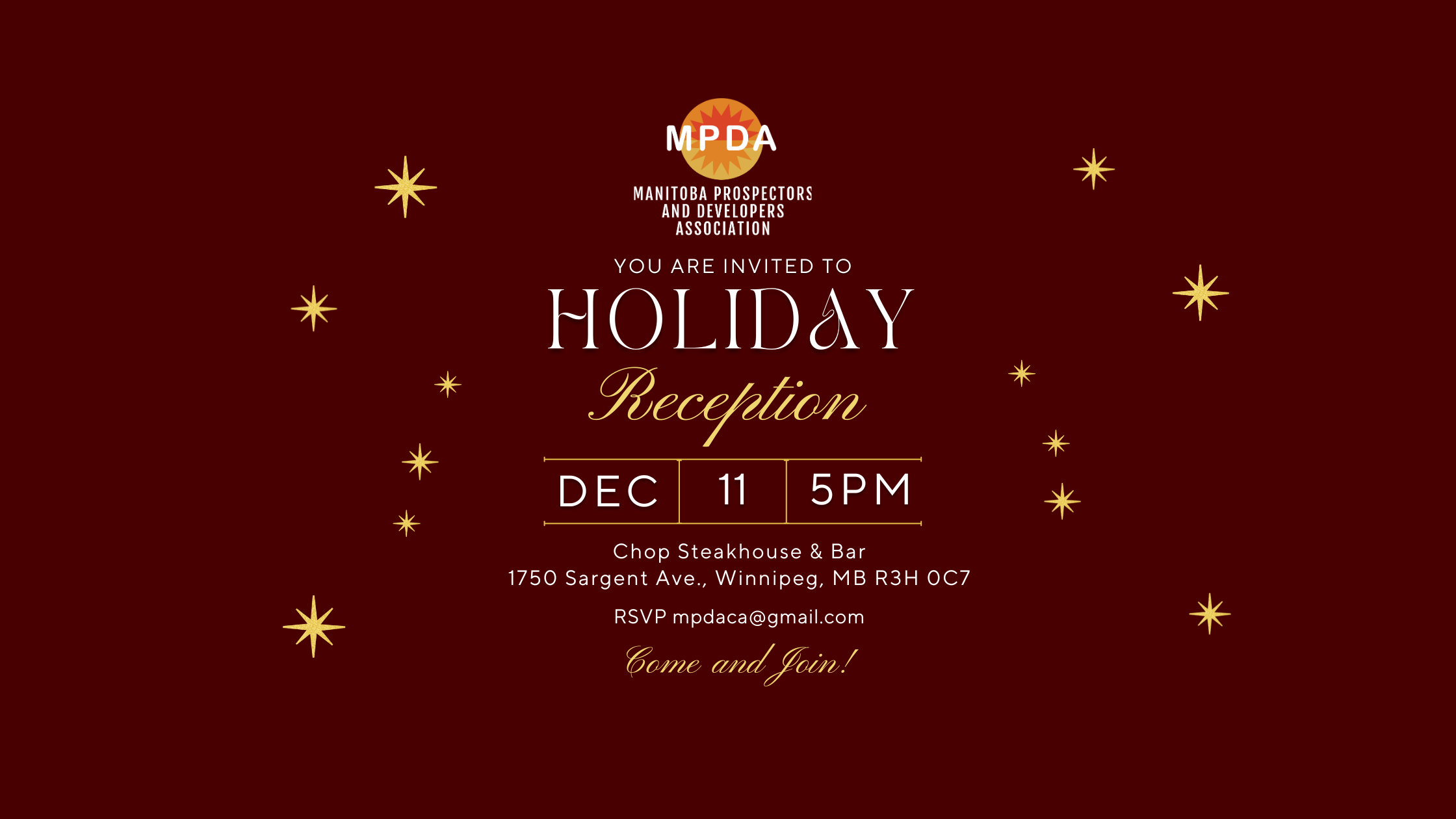 Red festive invitation for a holiday reception by Manitoba Prospectors, December 11, 5 PM at Chop Steakhouse, Winnipeg. RSVP via email. Gold stars adorn the design.